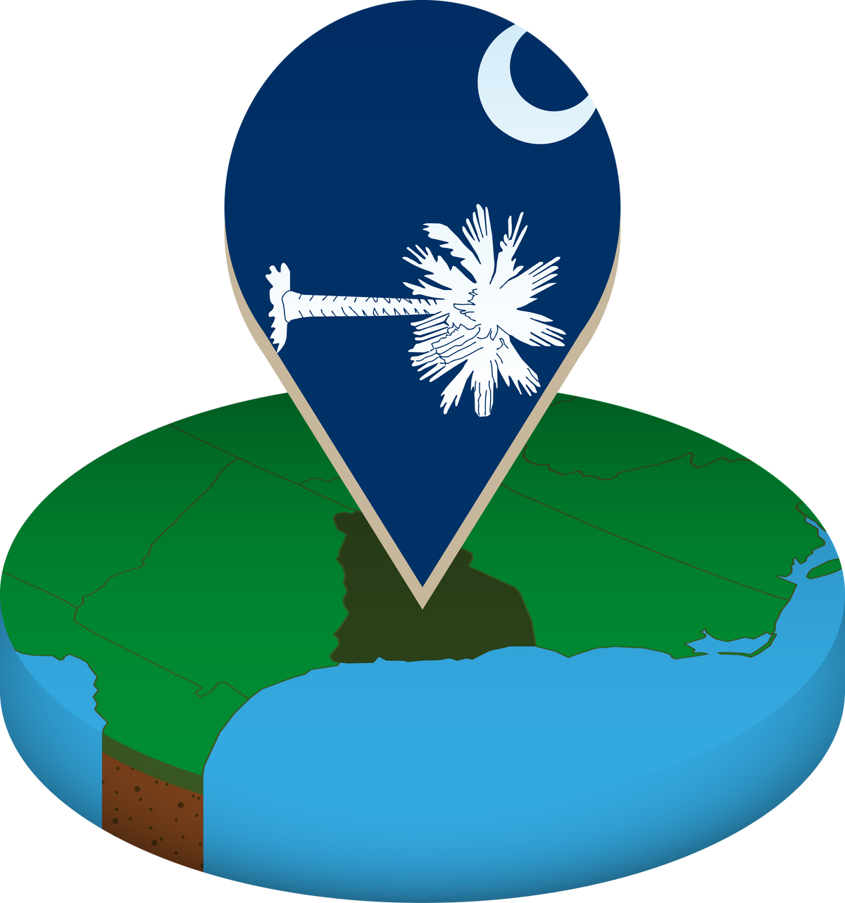 Isometric round map of South Carolina with flag.